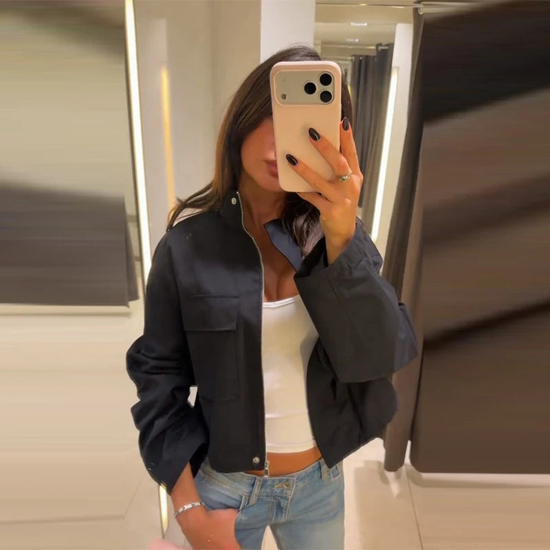 Stand Collar Hidden Button Zipper Cropped Jacket Slouchy Long Sleeve 2026 Spring Chic Commuter Women Outerwear Casual Lady Coat