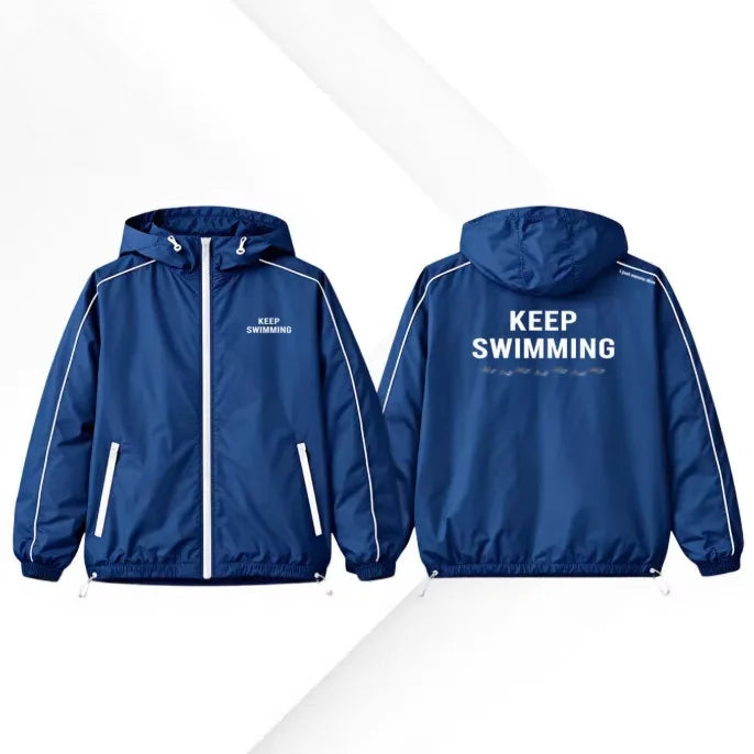 Kpop Keep Swimming Print Zipper Blue Hooded Windbreaker Jacket Men Women Men Outdoor Casual Keep Swimming Coat