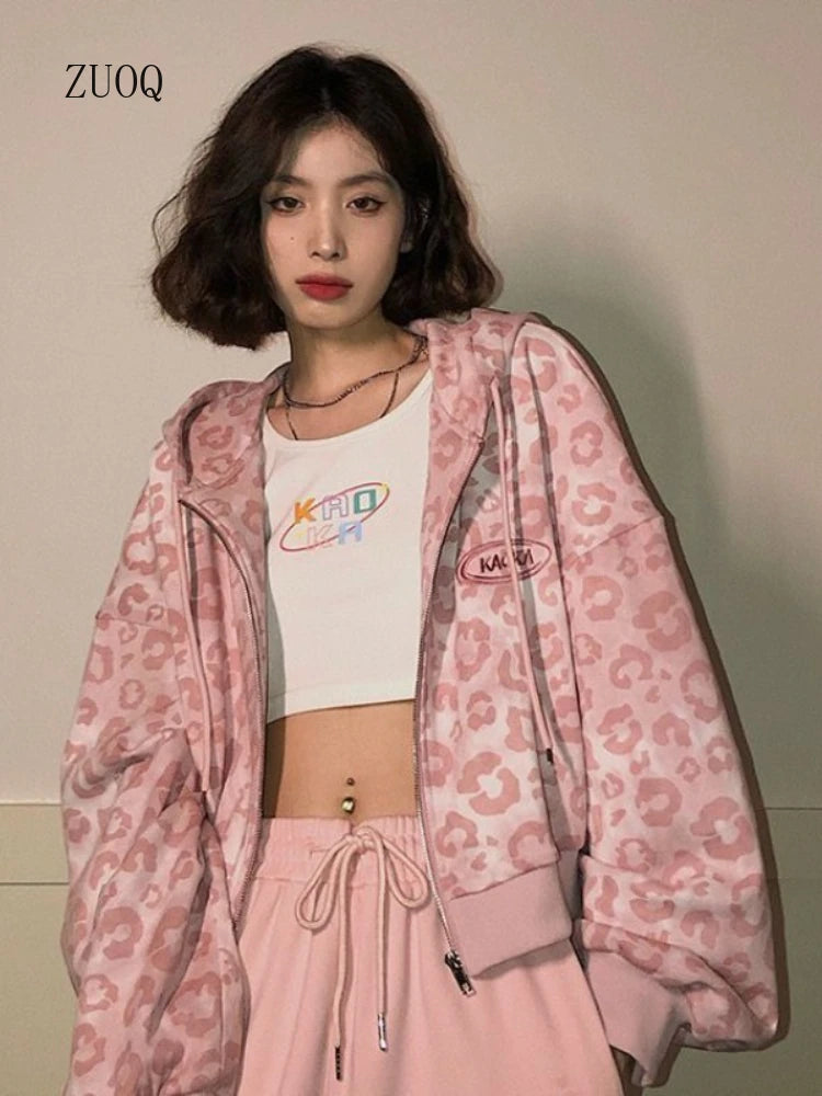 2025 New Pink Leopard Print Jacket Women Spring/Autumn Loose Hong Kong Style Vintage Hooded Woman