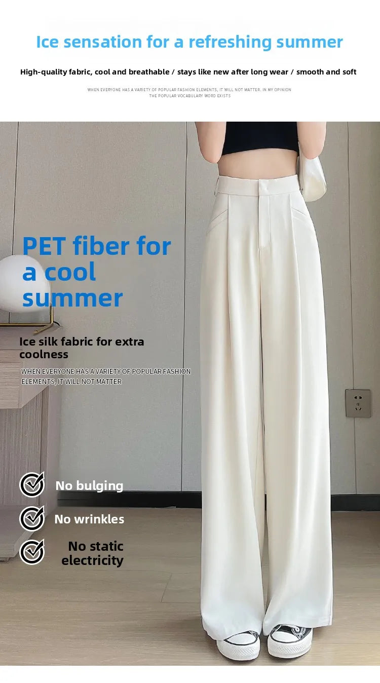 New Ice Silk Thin Straight Leg Suit Pants Women's Summer White Narrow Version XS1452025 High Waist Wide Leg Cotton Blend
