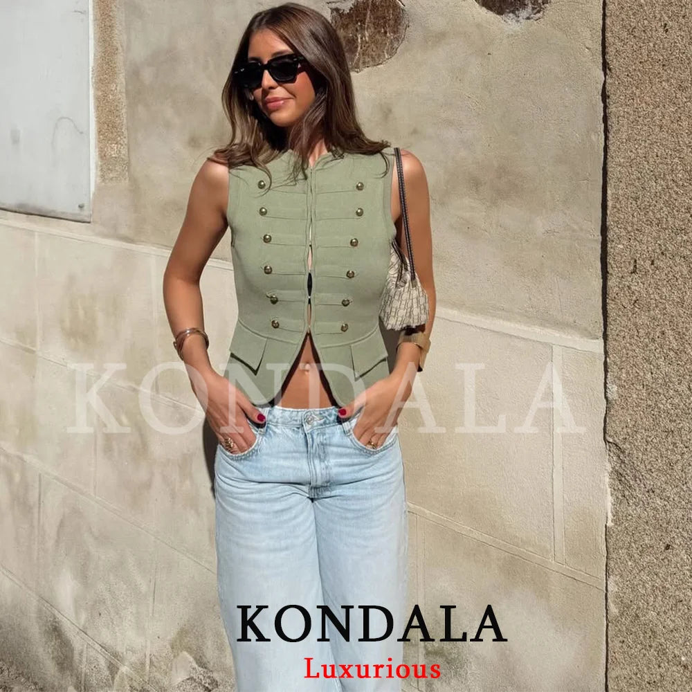 KONDALA Vintage Casual Chic Women Vest Green Solid O-Neck Single Breasted Knitted Sheath Vest New Fashion 2026 Summer Slim Vest