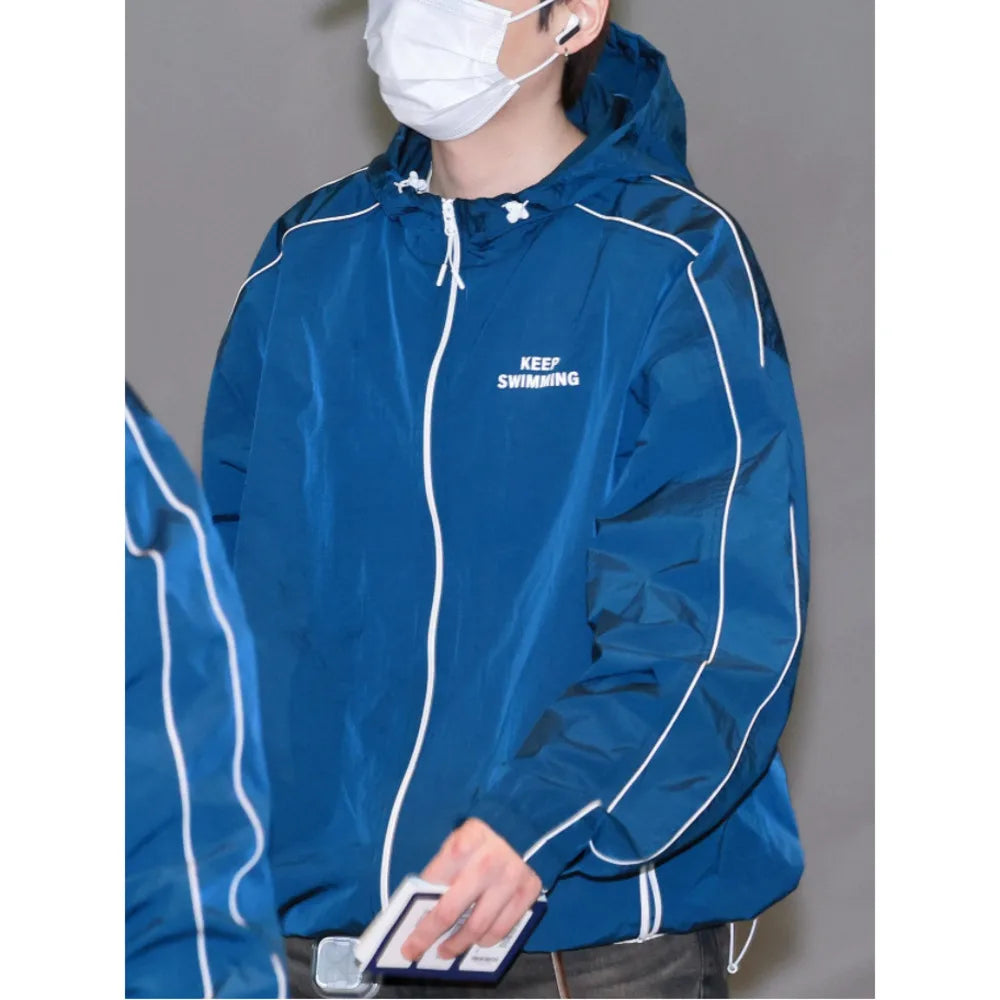 Kpop Keep Swimming Print Zipper Blue Hooded Windbreaker Jacket Men Women Men Outdoor Casual Keep Swimming Coat