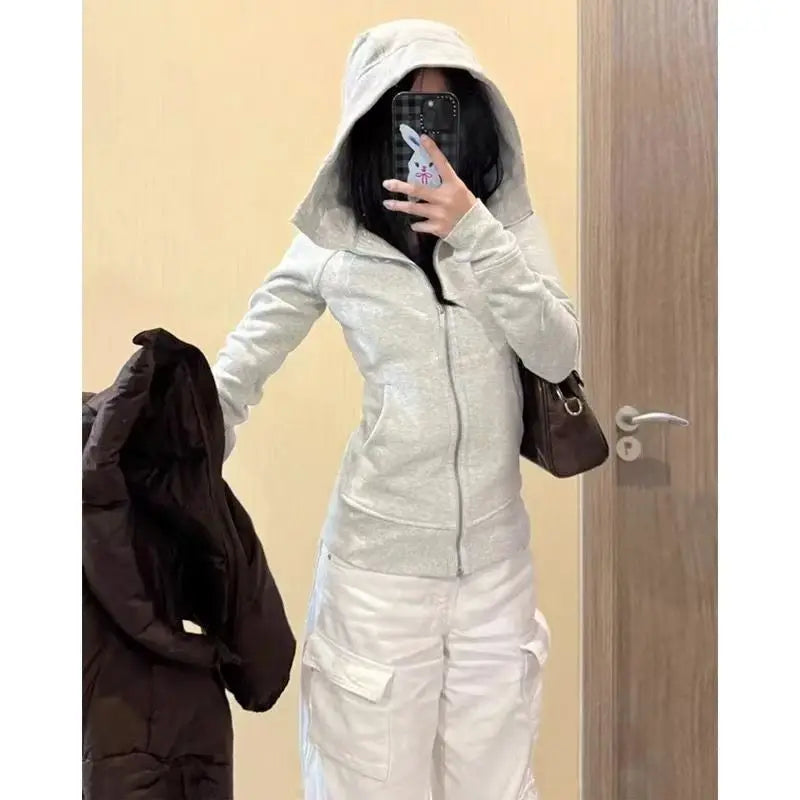 Slim Fit Hoodie Jacket Women's Spring Autumn Versatile Shoulder Length Waist Cinched Sporty Open Cardigan Hooded Top