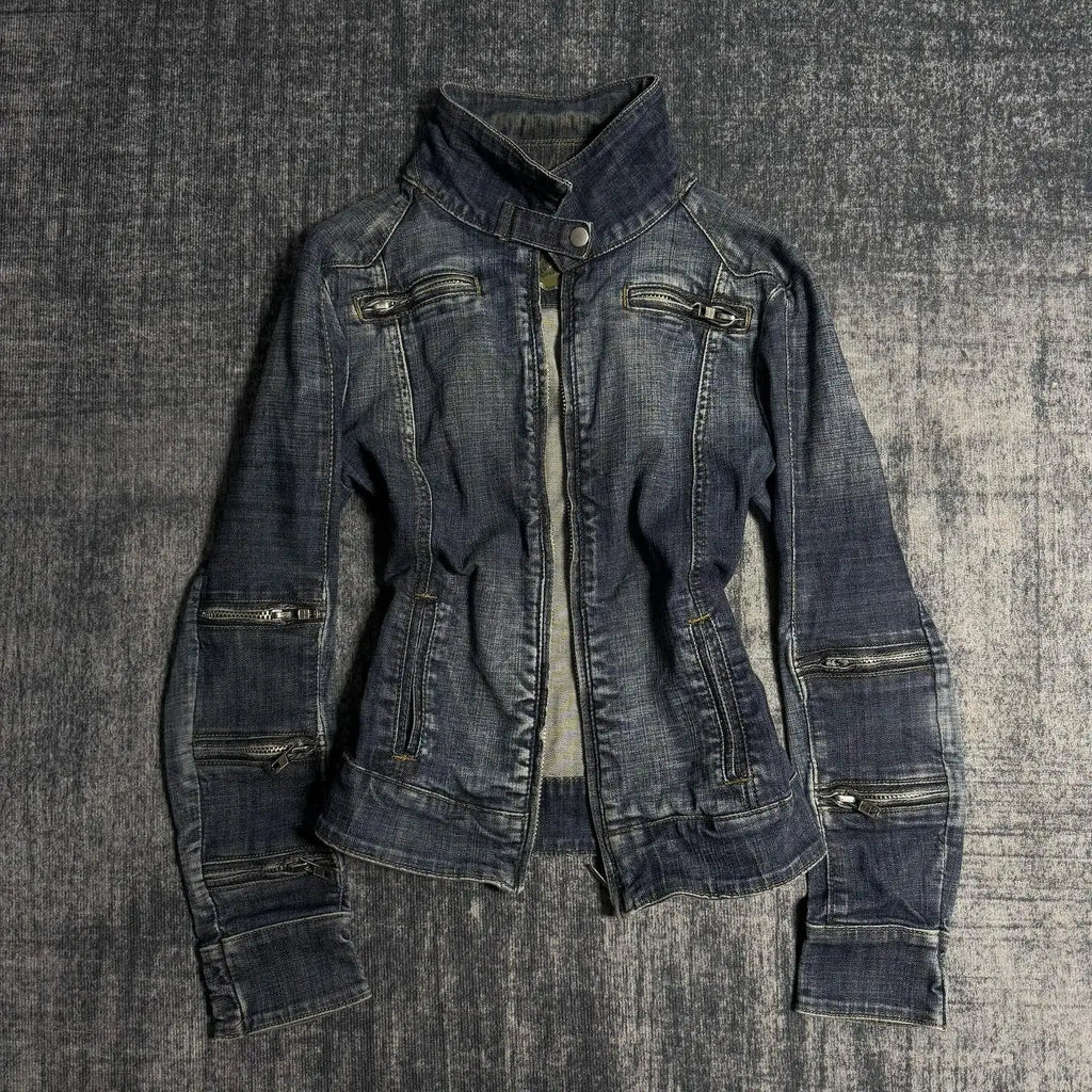 Women Y2K Gothic Punk Streetwear Vintage Washed Denim Coat Multi Zip Stand Collar Slim Waist Cropped Long Sleeve Casual Jacket