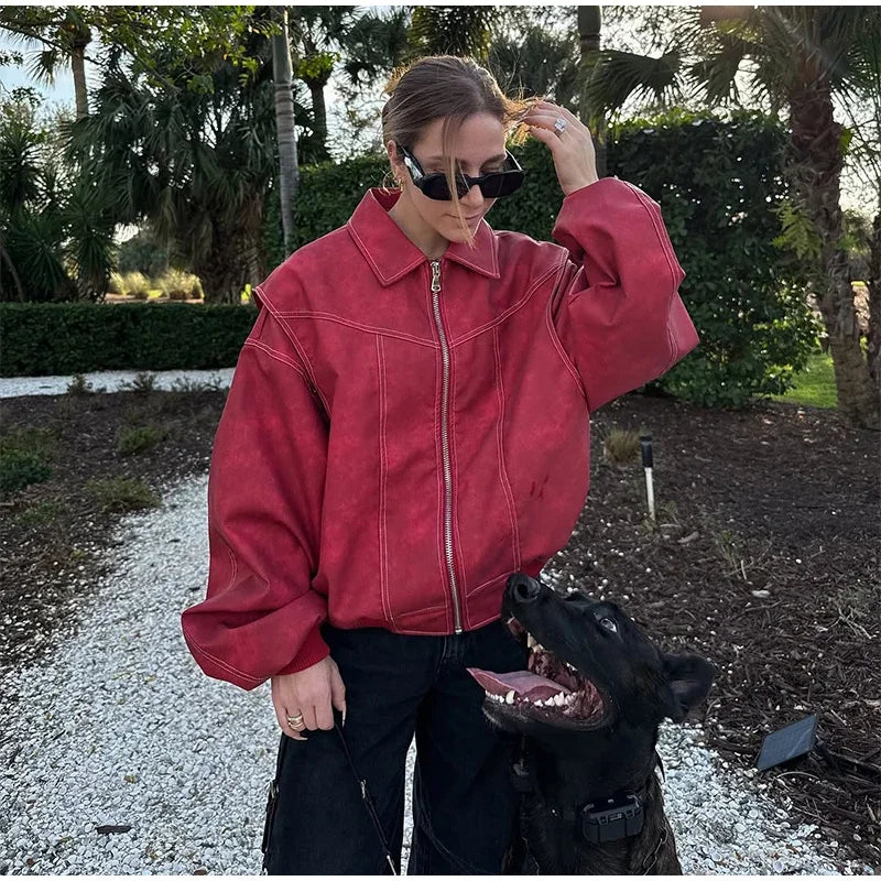 Solid Patchwork Cropped Coats Women Casual Lapel Long Sleeve Loose Zipper Pocket Short Jacket Fashion Autumn Lady Street Outwear