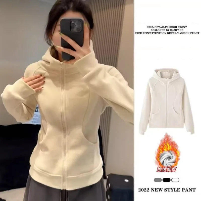 Slim Fit Hoodie Jacket Women's Spring Autumn Versatile Shoulder Length Waist Cinched Sporty Open Cardigan Hooded Top