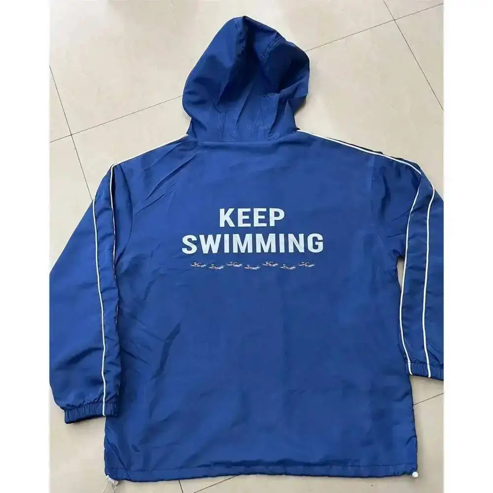 Kpop Keep Swimming Print Zipper Blue Hooded Windbreaker Jacket Men Women Men Outdoor Casual Keep Swimming Coat