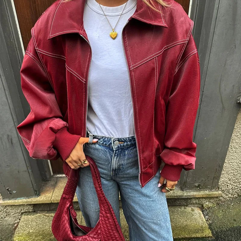 Solid Patchwork Cropped Coats Women Casual Lapel Long Sleeve Loose Zipper Pocket Short Jacket Fashion Autumn Lady Street Outwear