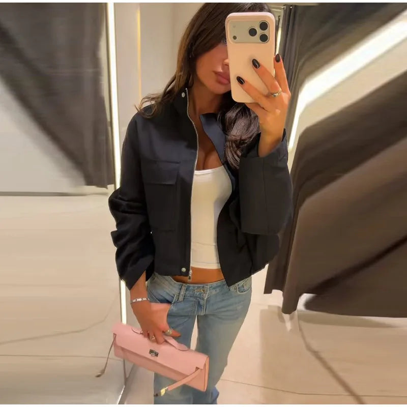 Stand Collar Hidden Button Zipper Cropped Jacket Slouchy Long Sleeve 2026 Spring Chic Commuter Women Outerwear Casual Lady Coat