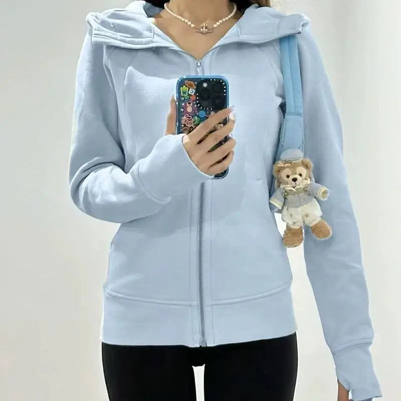 Slim Fit Hoodie Jacket Women's Spring Autumn Versatile Shoulder Length Waist Cinched Sporty Open Cardigan Hooded Top