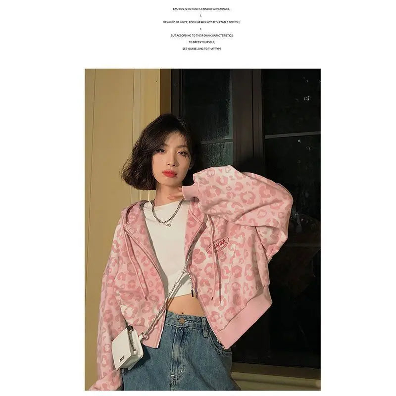 2025 New Pink Leopard Print Jacket Women Spring/Autumn Loose Hong Kong Style Vintage Hooded Woman