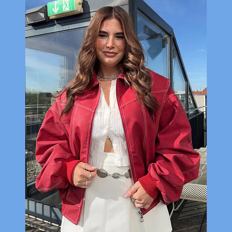 Solid Patchwork Cropped Coats Women Casual Lapel Long Sleeve Loose Zipper Pocket Short Jacket Fashion Autumn Lady Street Outwear