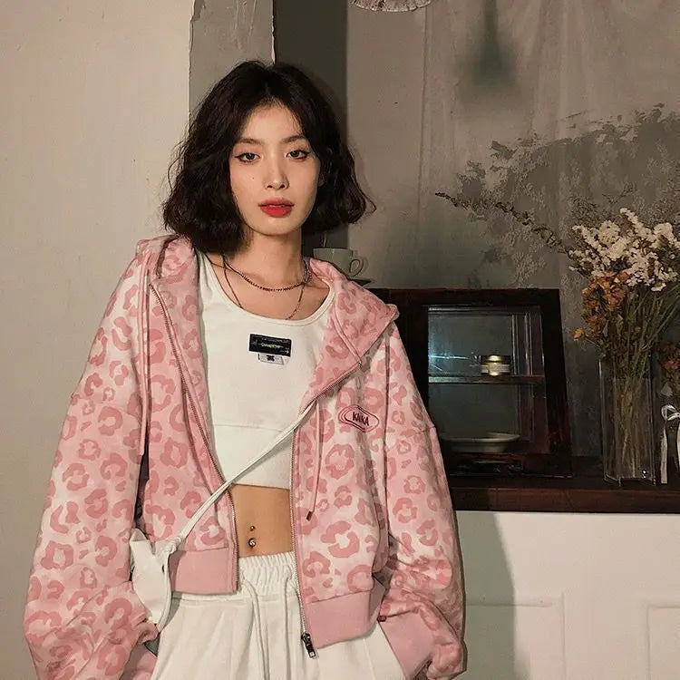 2025 New Pink Leopard Print Jacket Women Spring/Autumn Loose Hong Kong Style Vintage Hooded Woman