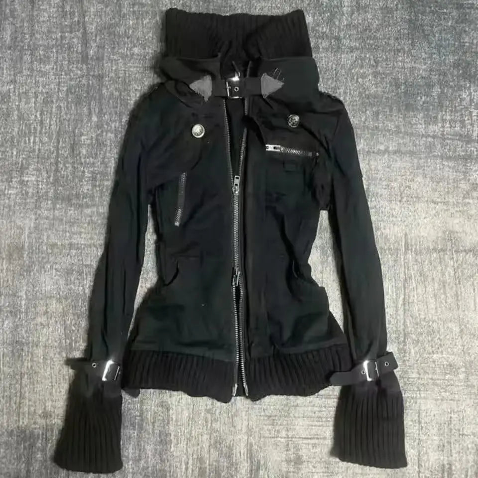 Women Y2K Gothic Punk Streetwear Vintage Washed Denim Coat Multi Zip Stand Collar Slim Waist Cropped Long Sleeve Casual Jacket