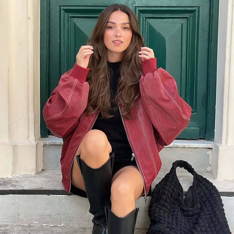 Solid Patchwork Cropped Coats Women Casual Lapel Long Sleeve Loose Zipper Pocket Short Jacket Fashion Autumn Lady Street Outwear
