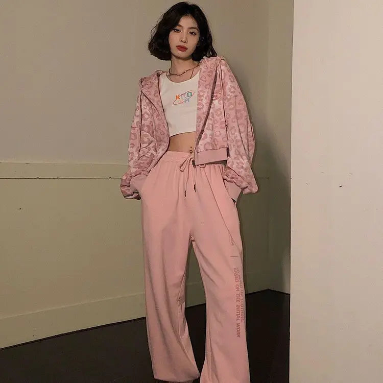 2025 New Pink Leopard Print Jacket Women Spring/Autumn Loose Hong Kong Style Vintage Hooded Woman