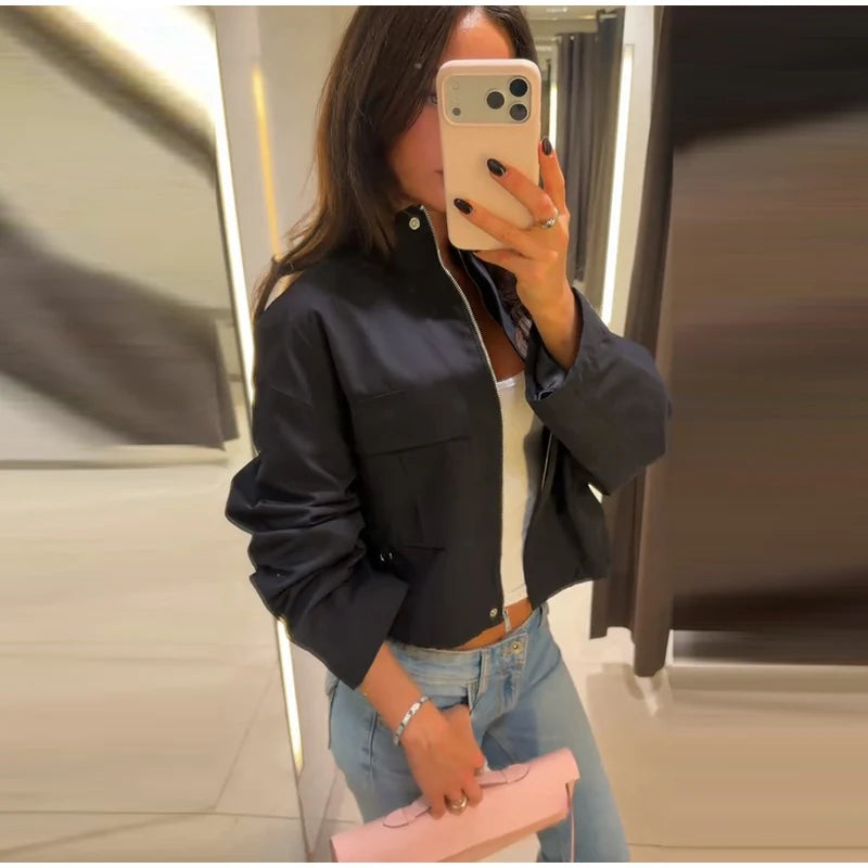 Stand Collar Hidden Button Zipper Cropped Jacket Slouchy Long Sleeve 2026 Spring Chic Commuter Women Outerwear Casual Lady Coat