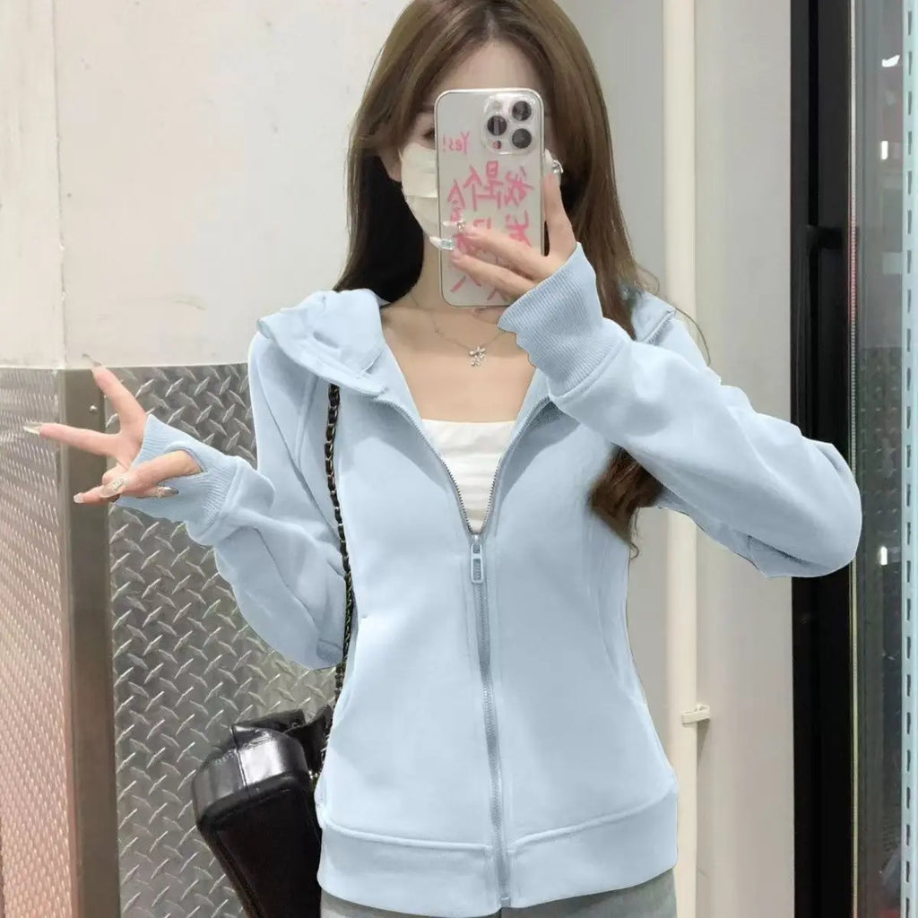 Slim Fit Hoodie Jacket Women's Spring Autumn Versatile Shoulder Length Waist Cinched Sporty Open Cardigan Hooded Top