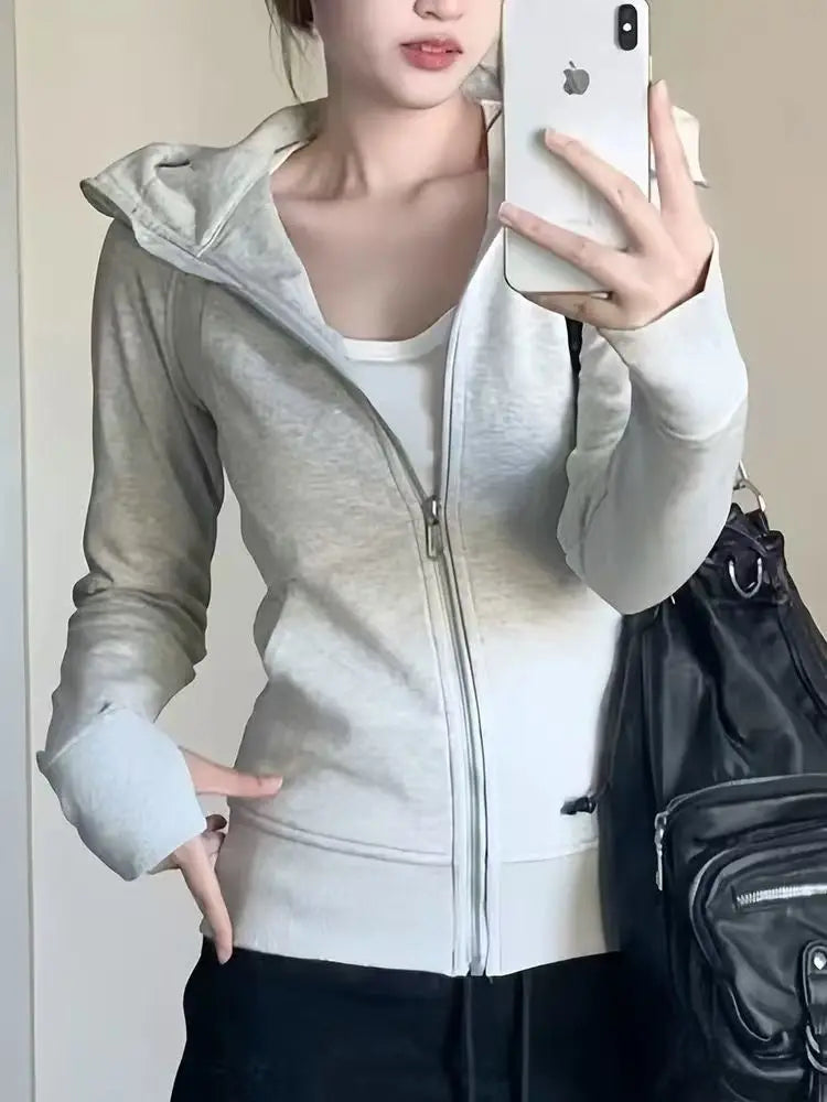Slim Fit Hoodie Jacket Women's Spring Autumn Versatile Shoulder Length Waist Cinched Sporty Open Cardigan Hooded Top