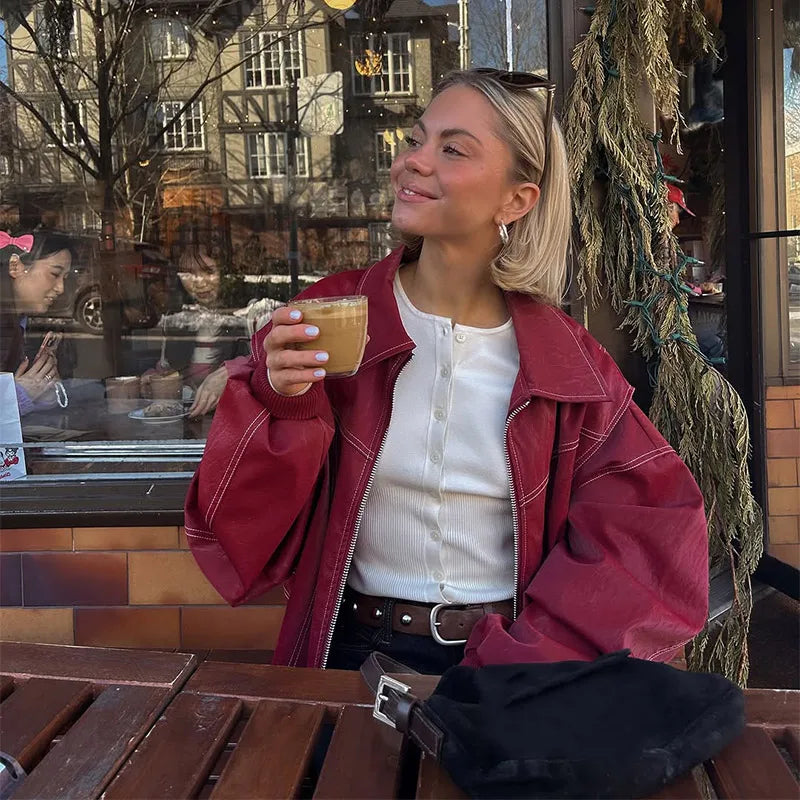 Solid Patchwork Cropped Coats Women Casual Lapel Long Sleeve Loose Zipper Pocket Short Jacket Fashion Autumn Lady Street Outwear