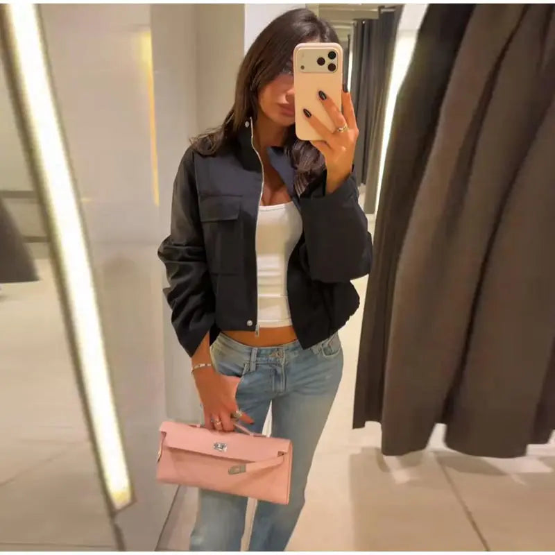 Stand Collar Hidden Button Zipper Cropped Jacket Slouchy Long Sleeve 2026 Spring Chic Commuter Women Outerwear Casual Lady Coat