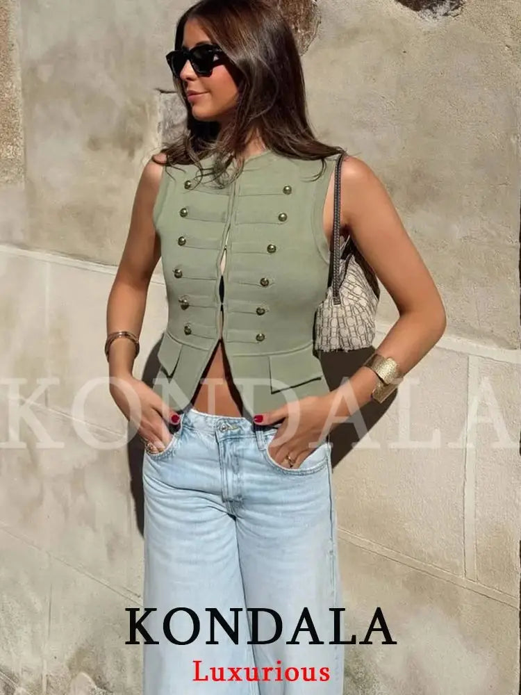 KONDALA Vintage Casual Chic Women Vest Green Solid O-Neck Single Breasted Knitted Sheath Vest New Fashion 2026 Summer Slim Vest