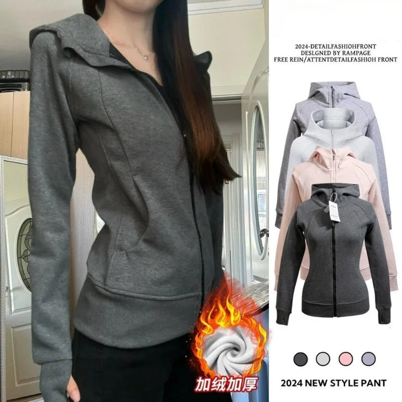Slim Fit Hoodie Jacket Women's Spring Autumn Versatile Shoulder Length Waist Cinched Sporty Open Cardigan Hooded Top
