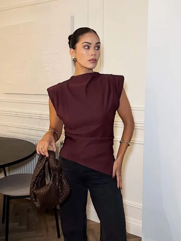 HH Women Fashion Y2K Wine Red Tank Tops Asymmetry Pleated Sleeveless Elegant Vest Summer Back Zipper Chic Slim Streetwear Top