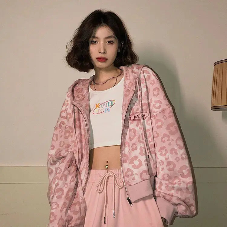 2025 New Pink Leopard Print Jacket Women Spring/Autumn Loose Hong Kong Style Vintage Hooded Woman