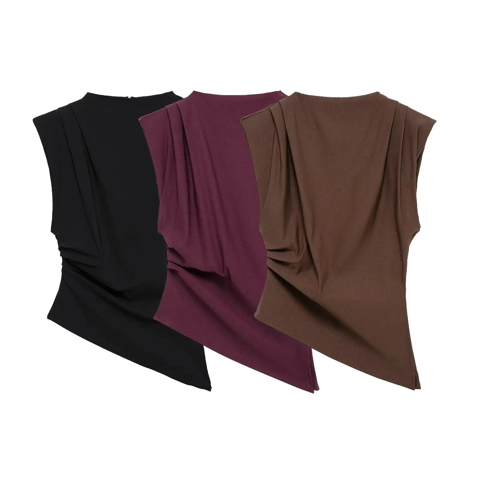 HH Women Fashion Y2K Wine Red Tank Tops Asymmetry Pleated Sleeveless Elegant Vest Summer Back Zipper Chic Slim Streetwear Top