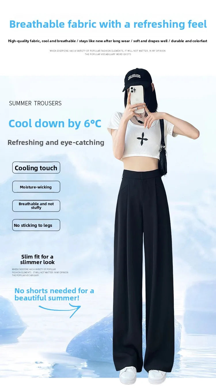 New Ice Silk Thin Straight Leg Suit Pants Women's Summer White Narrow Version XS1452025 High Waist Wide Leg Cotton Blend
