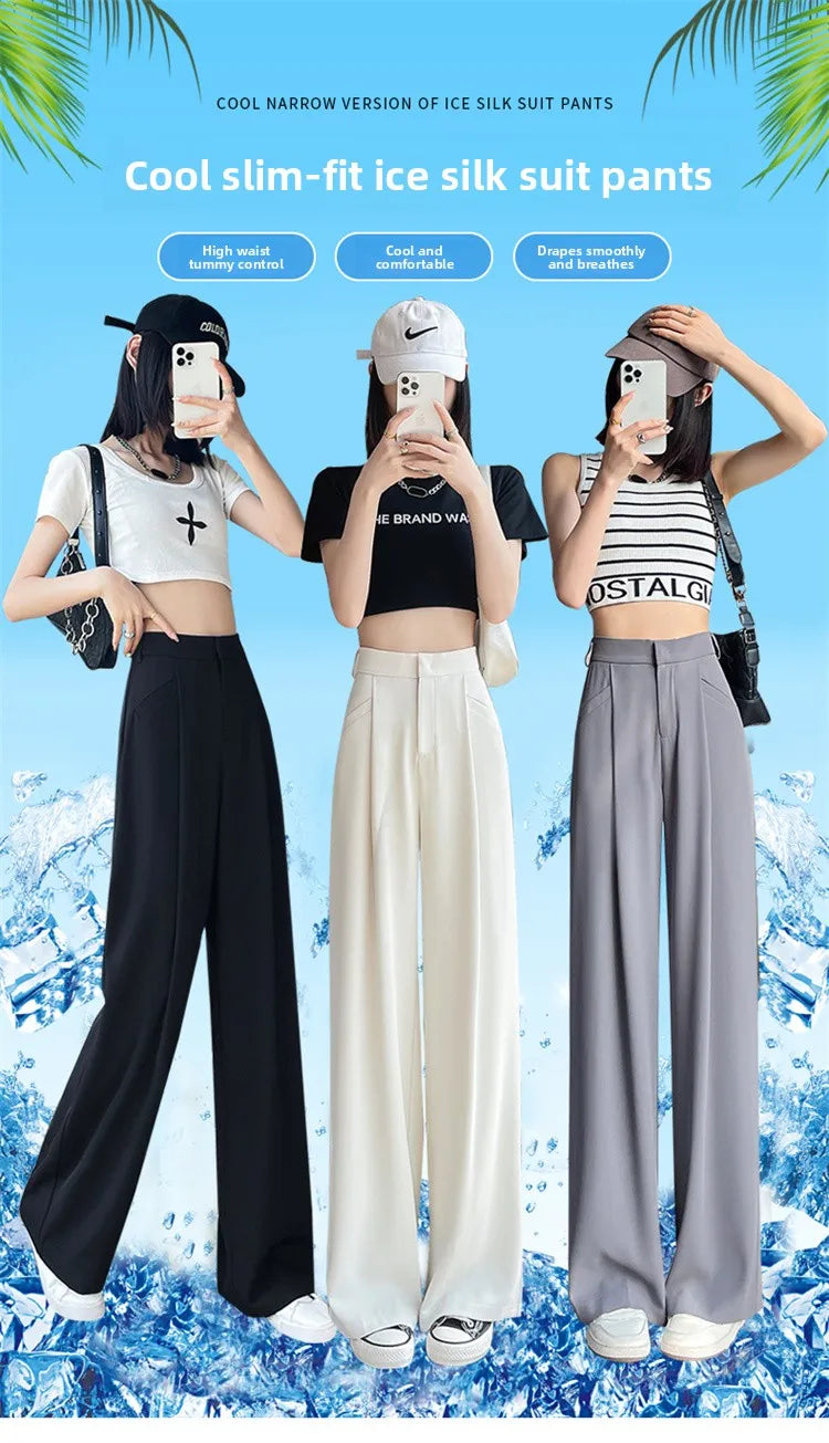 New Ice Silk Thin Straight Leg Suit Pants Women's Summer White Narrow Version XS1452025 High Waist Wide Leg Cotton Blend