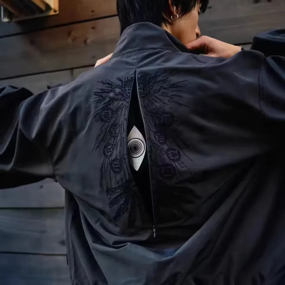 Trendy Black Patterned Embroidered Jacket Y2K Men and Womens Street Style Loose Oversized Casual Jacket with Decorative Details