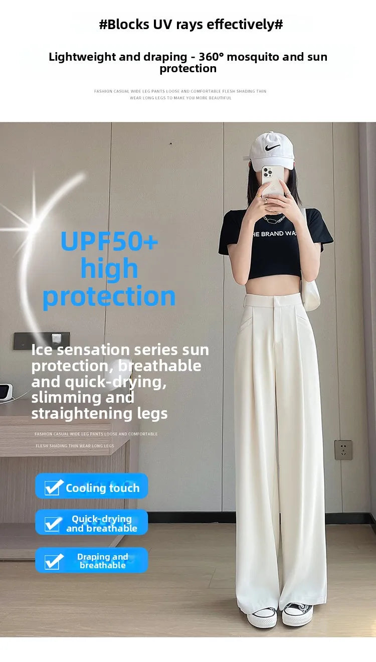 New Ice Silk Thin Straight Leg Suit Pants Women's Summer White Narrow Version XS1452025 High Waist Wide Leg Cotton Blend
