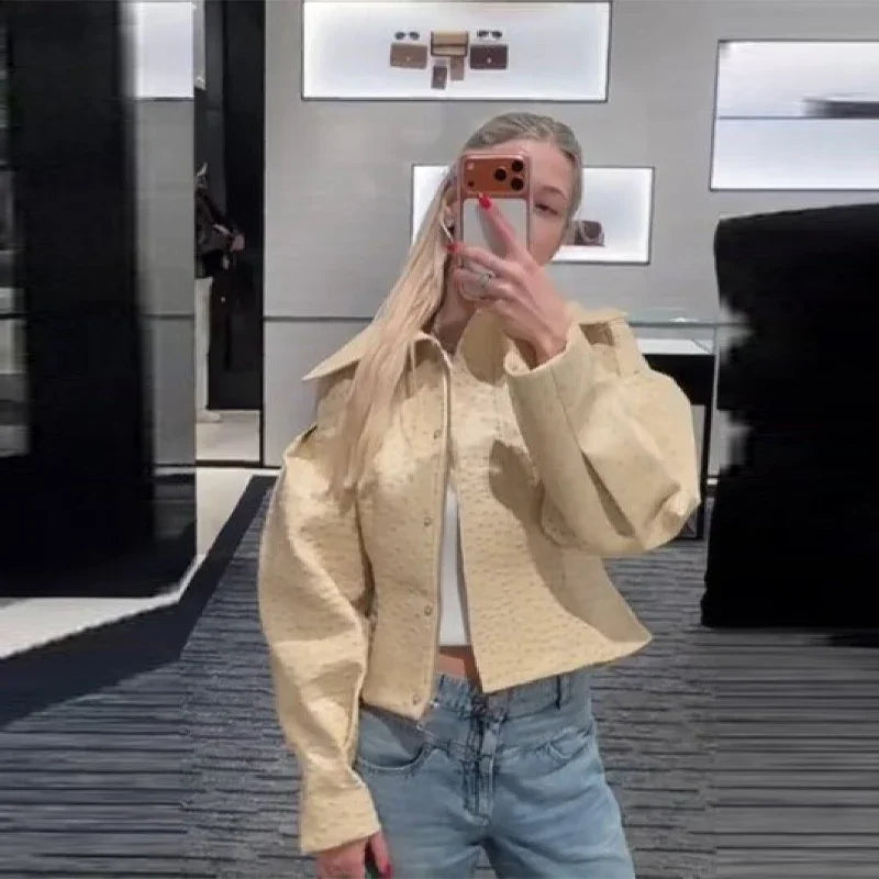 Stylish Women Cream Textured Cropped Jacket Wide Pointed Collar Structured Fit Button Front Coat Chic Women Daily Office Wear