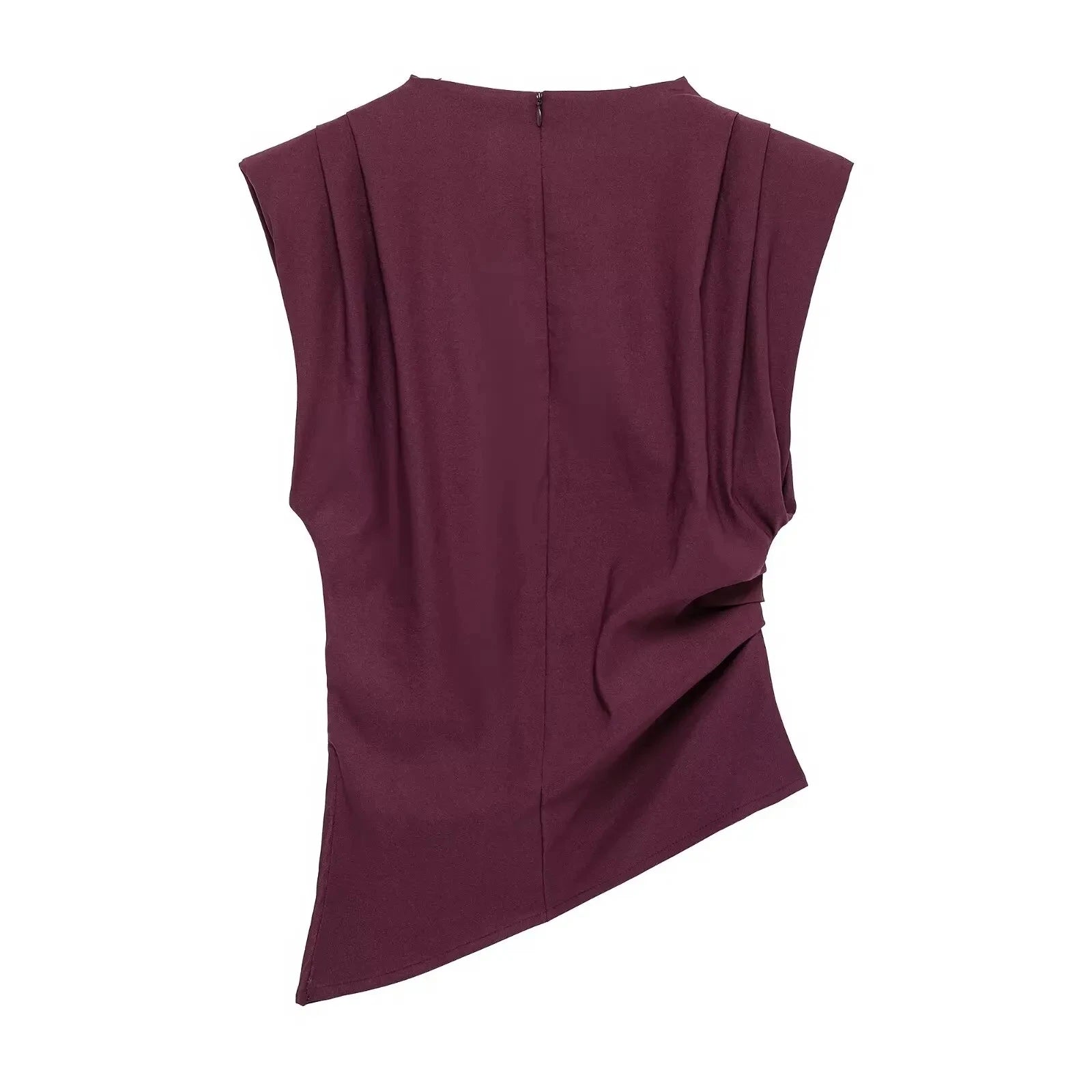 HH Women Fashion Y2K Wine Red Tank Tops Asymmetry Pleated Sleeveless Elegant Vest Summer Back Zipper Chic Slim Streetwear Top