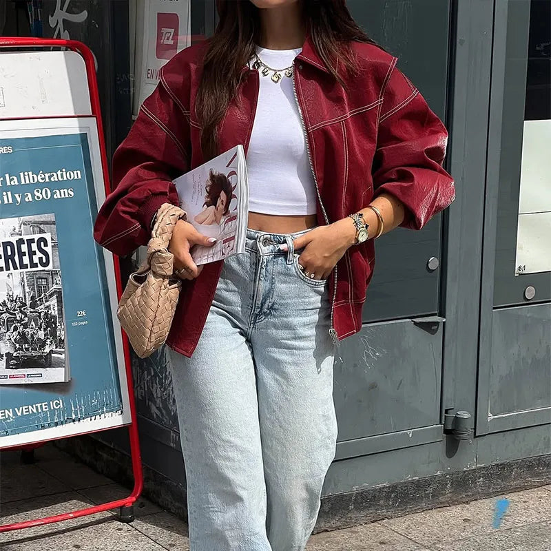 Solid Patchwork Cropped Coats Women Casual Lapel Long Sleeve Loose Zipper Pocket Short Jacket Fashion Autumn Lady Street Outwear