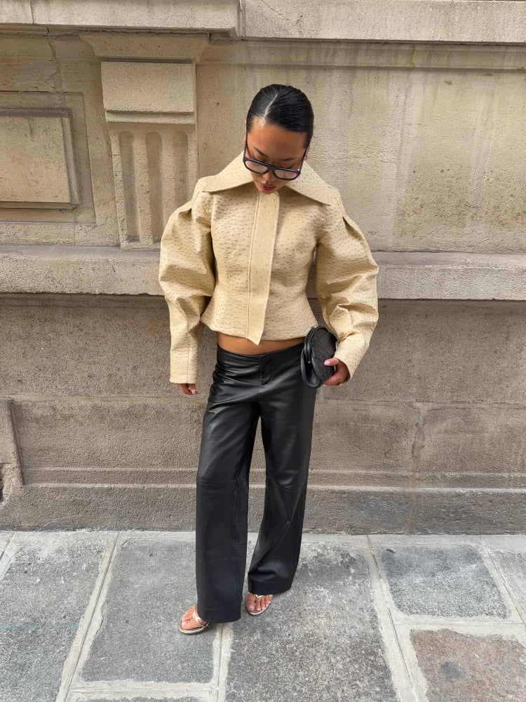 Stylish Women Cream Textured Cropped Jacket Wide Pointed Collar Structured Fit Button Front Coat Chic Women Daily Office Wear