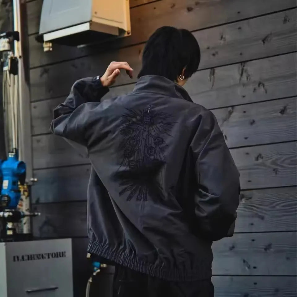 Trendy Black Patterned Embroidered Jacket Y2K Men and Womens Street Style Loose Oversized Casual Jacket with Decorative Details
