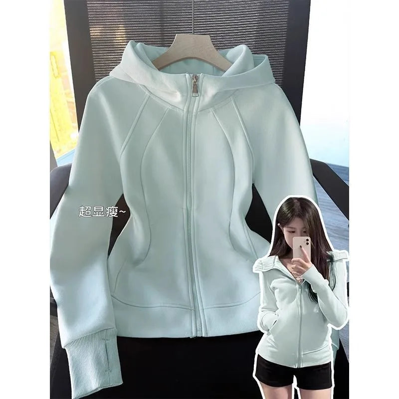 Slim Fit Hoodie Jacket Women's Spring Autumn Versatile Shoulder Length Waist Cinched Sporty Open Cardigan Hooded Top