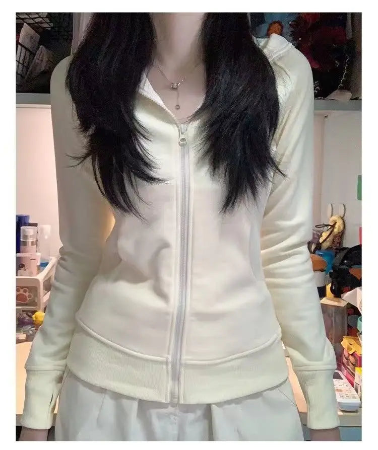 Slim Fit Hoodie Jacket Women's Spring Autumn Versatile Shoulder Length Waist Cinched Sporty Open Cardigan Hooded Top
