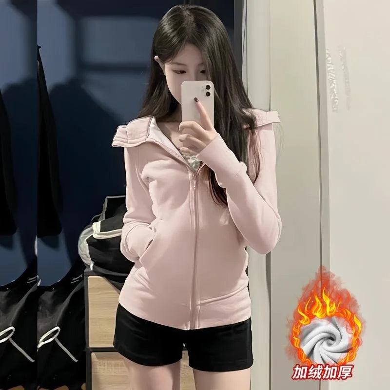 Slim Fit Hoodie Jacket Women's Spring Autumn Versatile Shoulder Length Waist Cinched Sporty Open Cardigan Hooded Top