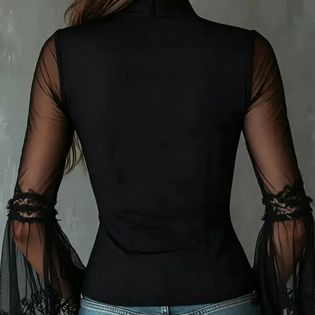 Ladies Black round Neck Long Sleeve See-through Vintage Zipper Lace Shirt Translucent Gauze Top for Women