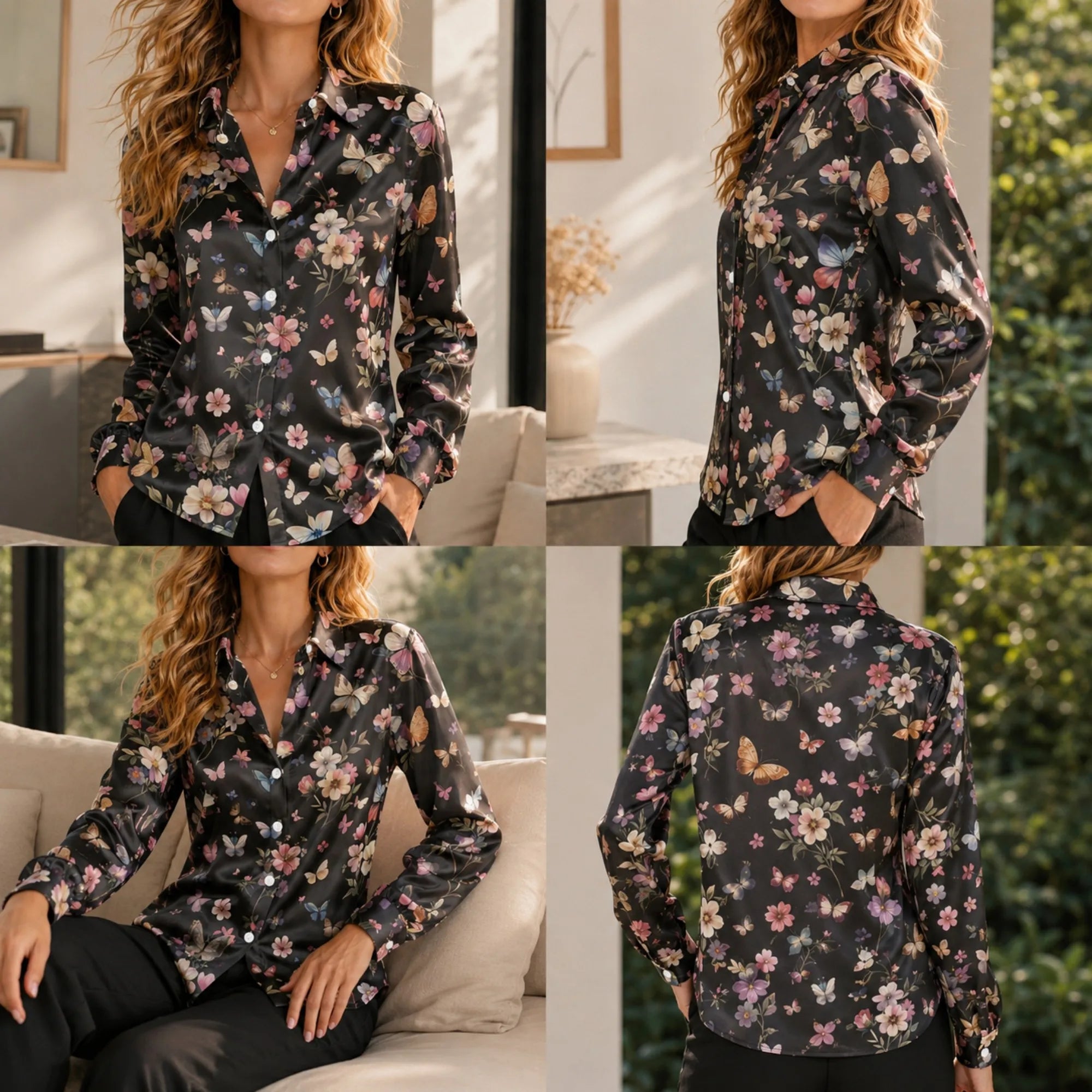 Women Loose Satin Shirt Long Sleeve Printed Blouse Turn Down Collar Elegant Casual Office Lady Spring Autumn Top Streetwear New