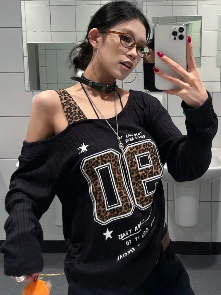 Y2K Patchwork Leopard Print T-Shirt Women Loose Streetwear Tee Grunge Casual Top