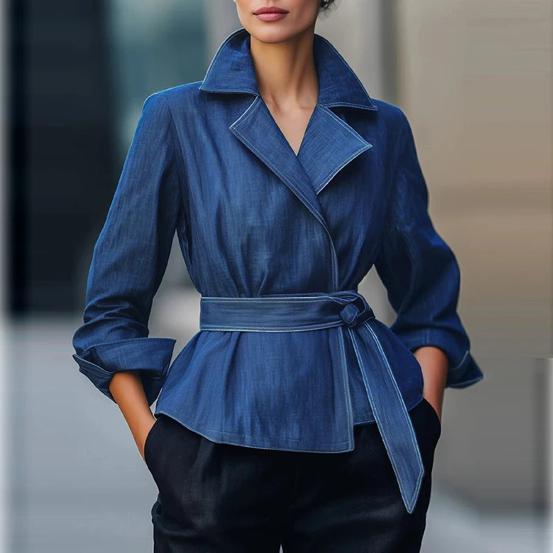 Herbst Frühling 2026 Mode Denim Jeansjacke Damen Langarm Vintage Blau Herbst Freizeit Oberbekleidung mit Gürtel für Frauen