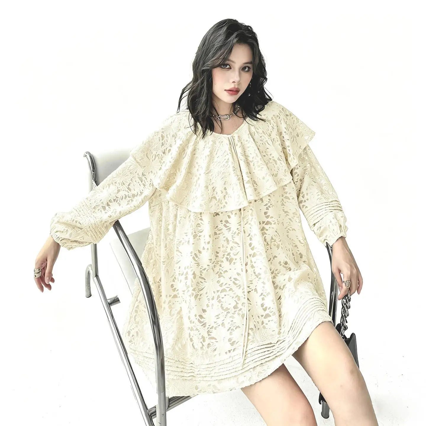 SuperAen French Style Romantic Peter Pan Collar Jacquard Lace Tops Women 2026 Summer New Design Long Sleeves Sun Protection Tops