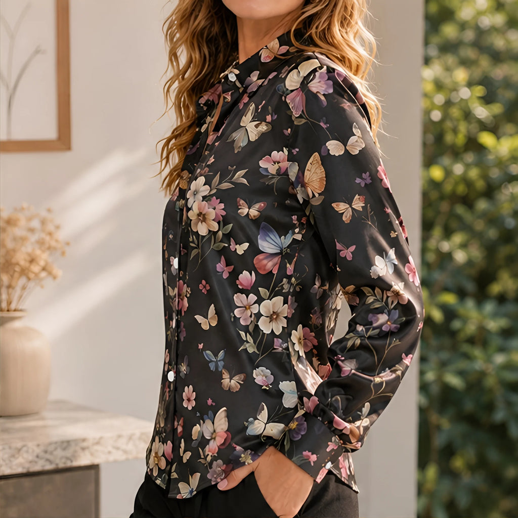 Women Loose Satin Shirt Long Sleeve Printed Blouse Turn Down Collar Elegant Casual Office Lady Spring Autumn Top Streetwear New