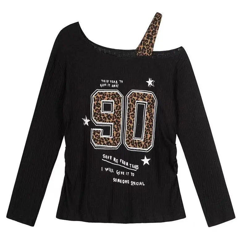Y2K Patchwork Leopard Print T-Shirt Women Loose Streetwear Tee Grunge Casual Top