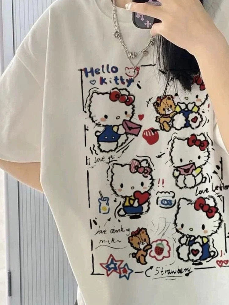 Short-Sleeved Summer Hello Kitty Graffiti Printed T-Shirt for Women Cotton Y2K Cute Cartoon Pattern Popular Street Fashion Ins